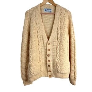 VTG 70s Yarn Point Crafts Newfoundland Wool Fisherman Cardigan L Cable Knit RARE